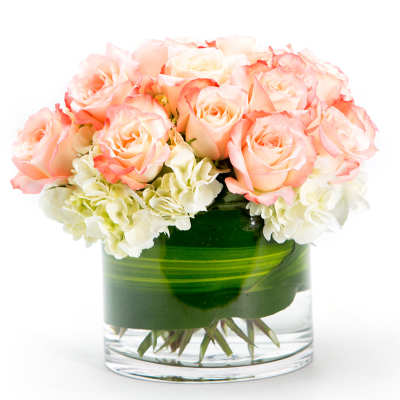 Pink roses and white hydrangeas in a glass vase