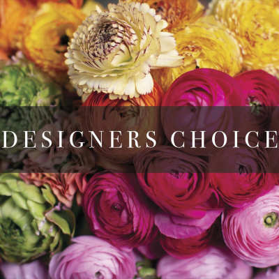 Assorted colorful flowers with a "Designers Choice" label across the center