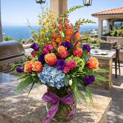 Colorful mixed flower arrangement in a glass vase with a purple ribbon