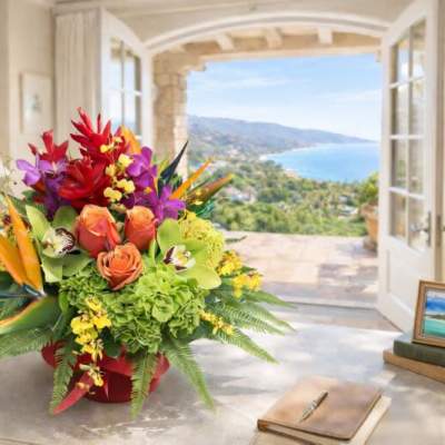 Tropical bouquet with orchids, roses, and bird-of-paradise in a red container