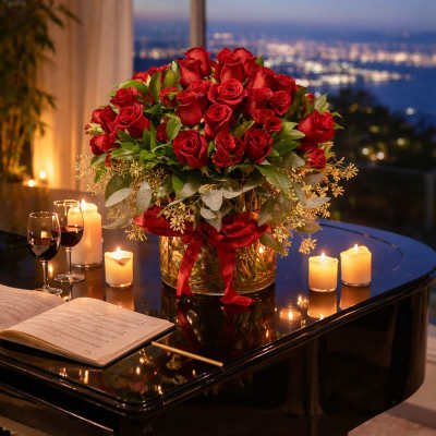 Red rose arrangement in a glass vase with candles on a piano