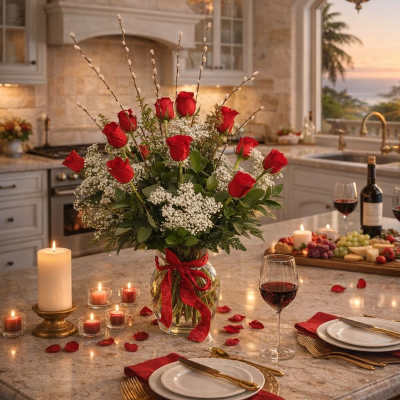 Red roses in a glass vase on a candlelit dining table