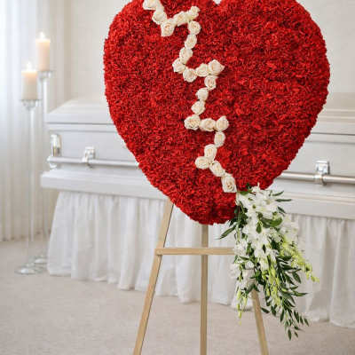 Heart-shaped red floral tribute on an easel with white roses and trailing white flowers