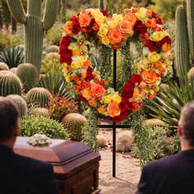Heart-shaped floral wreath with red, orange, and yellow roses at an outdoor funeral