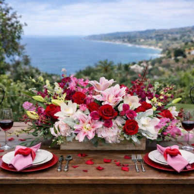 Romantic floral centerpiece with red and pink flowers on a table by the water