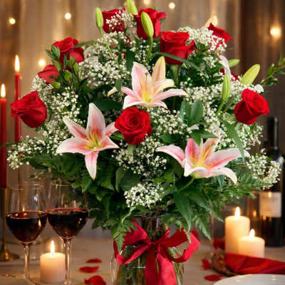Bouquet of red roses and pink lilies in a glass vase with a red ribbon