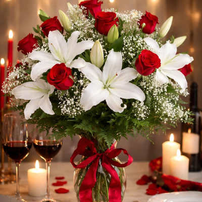 Red roses and white lilies in a glass vase with a red ribbon