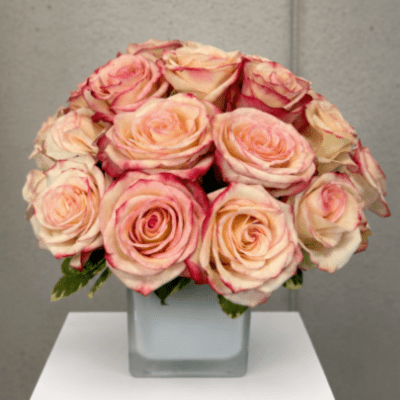 Bouquet of pink and cream roses in a square glass vase