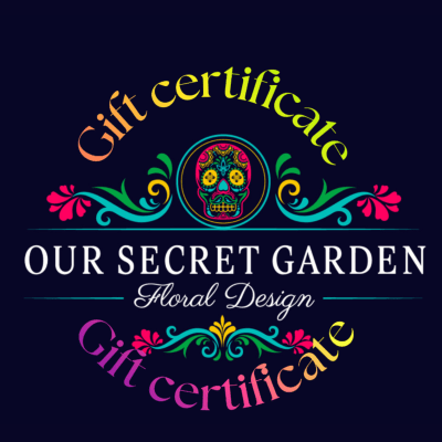 Gift certificate graphic with colorful floral ornament and skull emblem