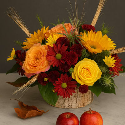 Autumn floral arrangement with roses and daisies in a bark-covered container