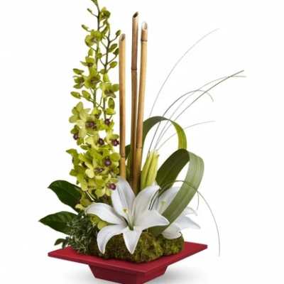 White lilies in a red rectangular container with bamboo and green orchids