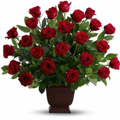 Red roses arranged in a brown urn-style vase