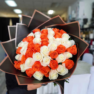 Orange and White Roses Wrapped Bouquet