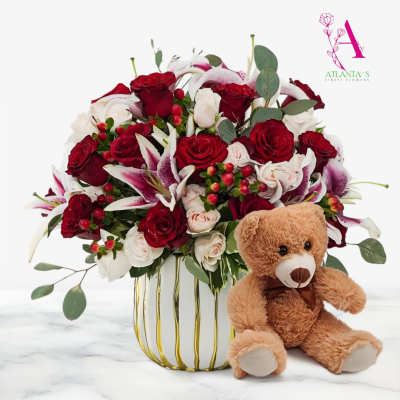 Roses & Lilies with a Bear by Atlanta's Finest Flowers