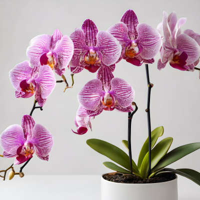 Pink orchid plant in a white pot with several blooming stems