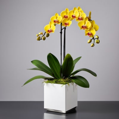 Yellow orchid plant in a white square planter