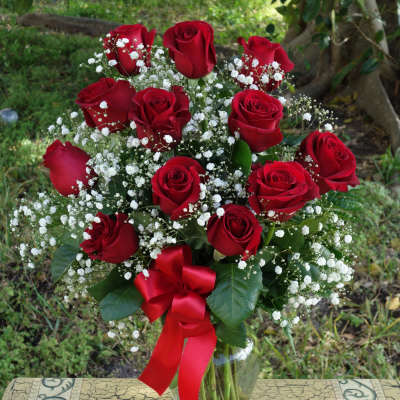 Vase of red roses with white filler flowers and a red satin bow