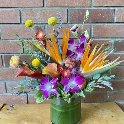 Tropical arrangement with orange birds of paradise, purple orchids, and calla lilies in a green-lined glass vase
