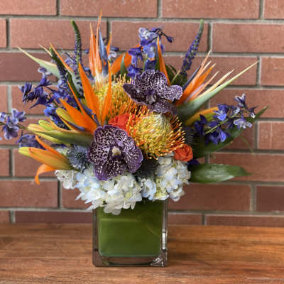 Tropical bouquet in a square glass vase with orange and purple flowers