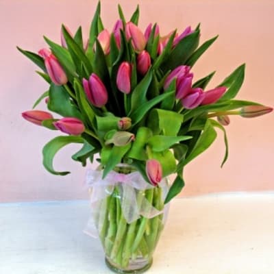 Pink tulip bouquet in a clear glass vase with a sheer ribbon
