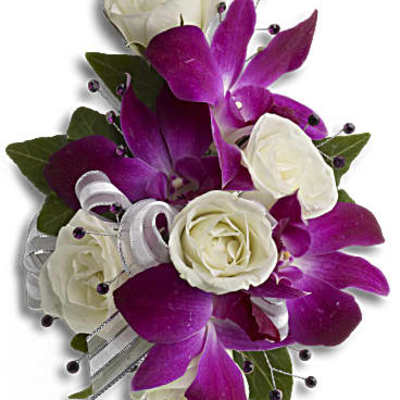 Bouquet of white roses and purple orchids with ribbon accents