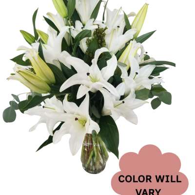 White lilies arranged in a clear glass vase