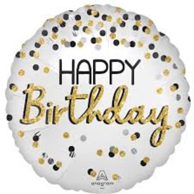 Round white birthday balloon with gold and black confetti text