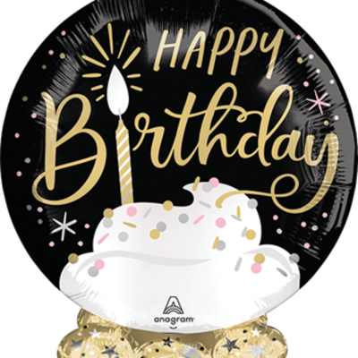 Birthday balloon with cake graphic and gold lettering