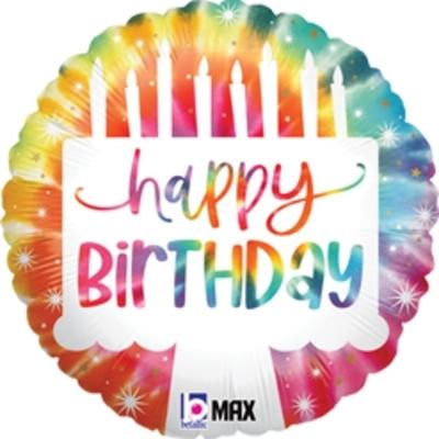 Rainbow birthday balloon with candles and "happy BIRTHDAY" text
