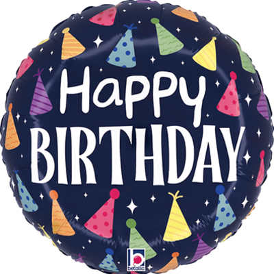 Round birthday balloon with colorful party hats and "Happy Birthday" text