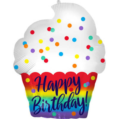 Cupcake-shaped birthday balloon with rainbow stripes and confetti dots