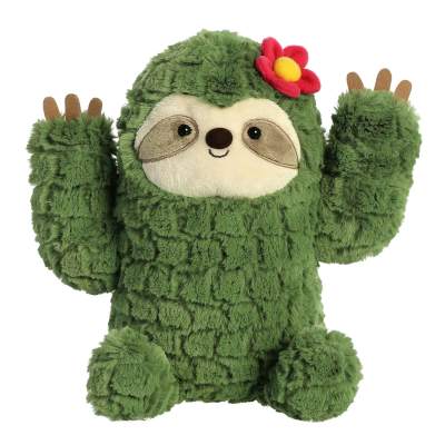 Green plush sloth with raised arms and a red flower on its head