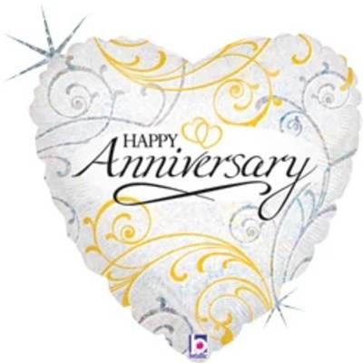 Heart-shaped anniversary balloon with white and gold swirls
