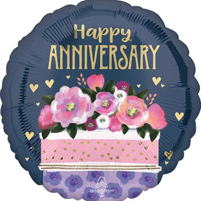 Round anniversary balloon with pink flowers and gold lettering