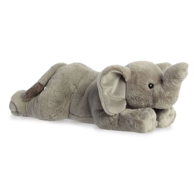 Plush gray elephant toy lying on a white background