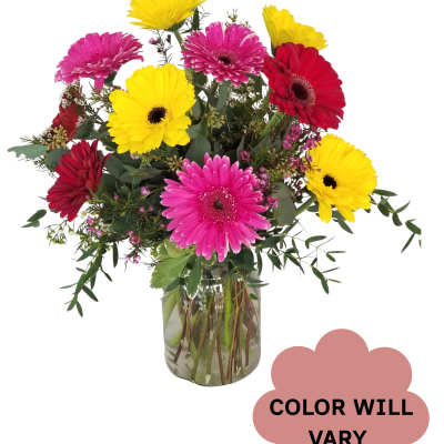 Mixed gerbera daisies in a glass vase with a color-will-vary note