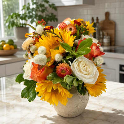 Bright bouquet of sunflowers, white roses, and orange blooms in a stone vase.
