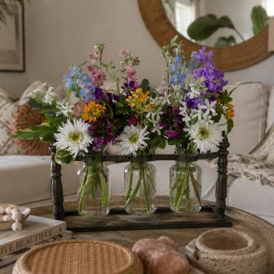 Three small glass vases hold colorful mixed flowers on a tray.