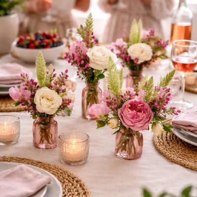 Small pink and white floral centerpieces in rose glass vases on a table