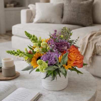 Colorful mixed flower arrangement in a white ceramic vase on a coffee table