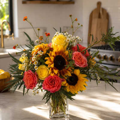 Bright bouquet of sunflowers and roses in a clear glass vase