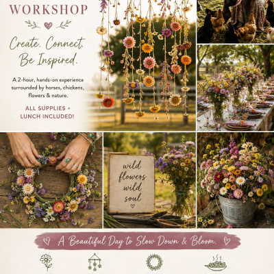 Poster for a flower mobile workshop with wildflower arrangements and wreaths