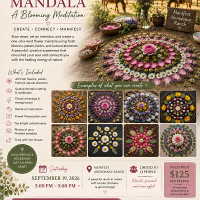 Poster for a flower mandala workshop with floral circles and horses in a ranch setting