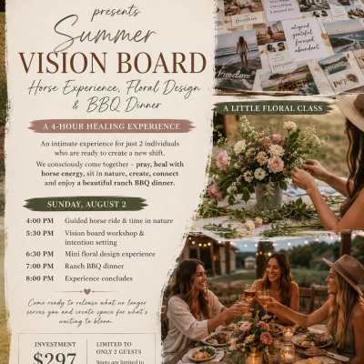 Promotional poster with horses, floral arrangements, and women dining outdoors