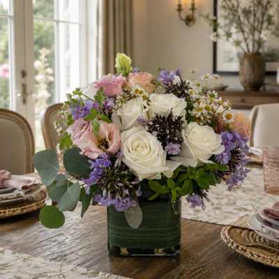 Mixed bouquet of white, pink, and purple flowers in a green glass vase