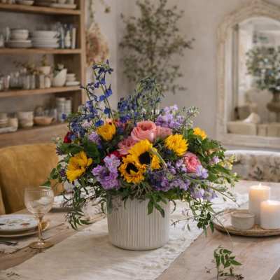 Mixed bouquet in a white vase with sunflowers, pink roses, and purple blooms