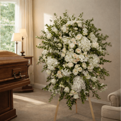 Large white floral standing spray on an easel beside a casket