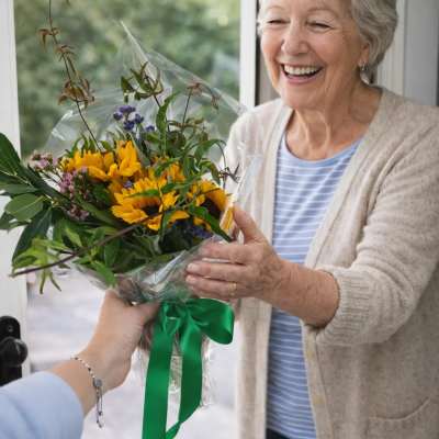 Bouquet of yellow sunflowers and purple flowers wrapped in clear plastic with a green ribbon