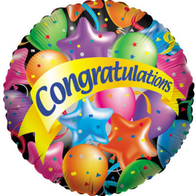 Round congratulations balloon with colorful stars and confetti