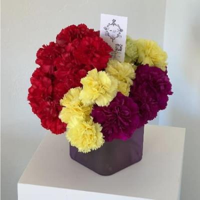 Bouquet of red, yellow, and purple carnations in a dark box